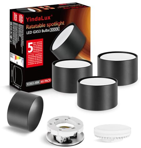 YindaLux 4x LED Aufbauspot Schwarz Matt Ø84x50mm Aufbaustrahler 6W 680LM GX53 LED Warmweiß Aufputz 230V 180° Abstrahlwinkel Deckenspots aufbauleuchte aus Aluminium Spots Deckenleuchte Rund