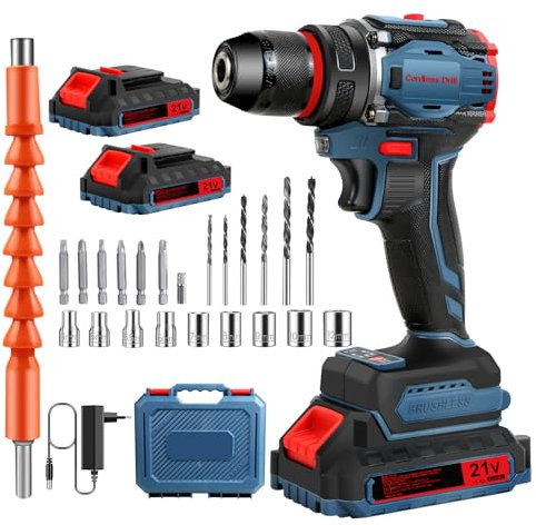 Brushless Taladro Percutor a Bateria 21V, Taladro Atornillador Electrico, Taladro Bateria Atornillador, Taladro Electrico Inalámbrico, 2x Baterias 2000mAh, 45Nm