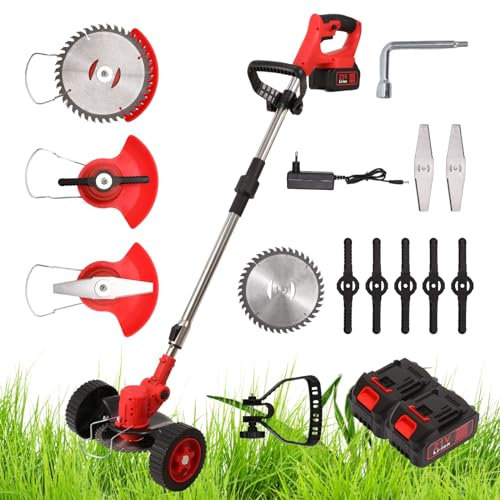 Desbrozadora eléctrica inalámbrica, cabeza giratoria de 90 ° con ruedas, cortadora de césped telescópica plegable de 21 V, con batería y 3 hojas, con ruedas, apta para jardín, granja (dos pilas)