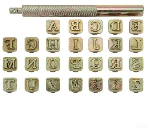 Juego de 27 herramientas de perforación de metal con sello de letras del alfabeto, kit de herramientas de manualidades de grabado en relieve de cuero hecho a mano, herramienta de perforación de