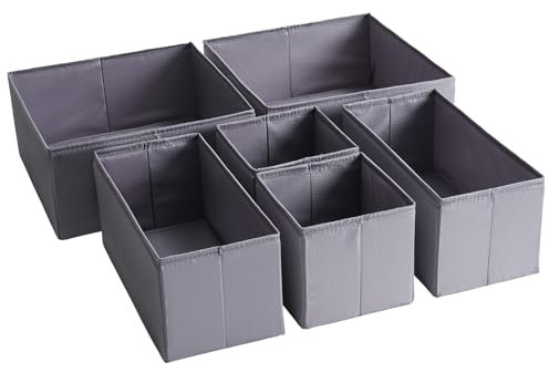 TYEERS Drawer Organisers, Durable Fabric, Washable, with Base Support Boards, Small Storage Boxes for Bathroom, Wardrobe, Chest of Drawers, Set of 6, Dark Grey