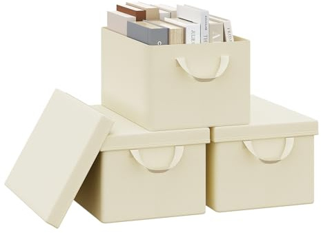 WOLTU Scatola Portaoggetti Pieghevole, Set di 3 Ceste in Tessuto, Cubo Portaoggetti con Coperchio e Maniglie, per Vestiti, Libri e Giocattoli, Crema, 38x20x27 cm