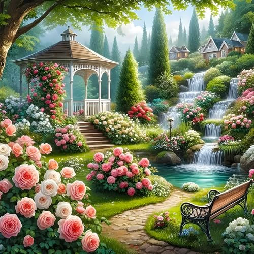 MXJSUA DIY Garden Waterfall Diamond Painting Kits for Adults, Pavilion Diamond Painting Cross Stitch Kits, Full Drill Crystal Rhinestone Embroidery Picture Art Crafts for Home Wall Decor Gift 30x30cm