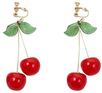 Big Cherry Dangle Ear Clip for Women Girls Resin Red Cherry Non-Pierced Dangling Earrings Lovely Sweet 3D Cherry Ear Line Hypoallergenic Lightweight Fashion Fruits Statement Jewelry