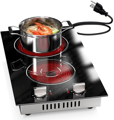 2 Burners Electric Cooktop 2000W, Plug in Electric Stove Top110v, Countertop & Built-in Cook top 12 Inch, 2 Burner Cooktop Knob Control, 9 Power Levels, Grey knob, Karienvir