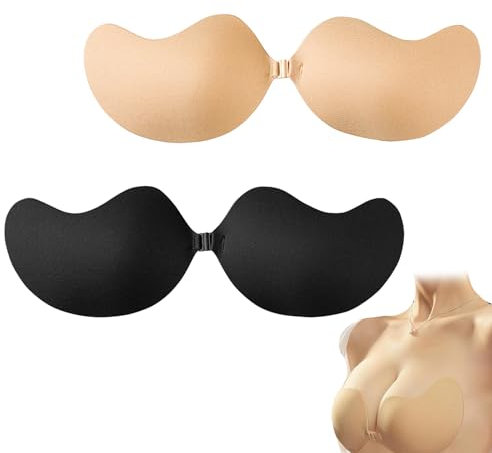 EujRcf 2 Pairs Women's Adhesive Bras, Reusable Strapless Push Up Bras, Sticky Bra Push Up, Invisible Sticky Bra for Daily Wearing Weddings Parties Dances (Beige + Black, Cup A)