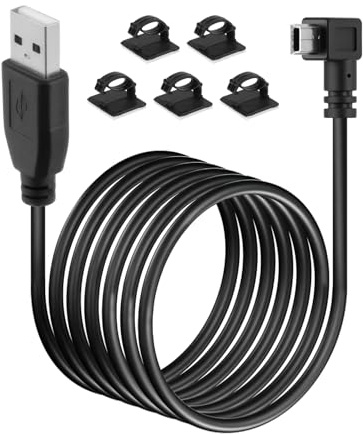 Times Mark Mini USB Cable 5m, USB 2.0 A to Mini B 5-Pin Right Angle Charging & Data Sync Cable, Extra Long Lead for Dash Cam, Sat Nav, GPS and Camera, with 5 Cable Clips, Black