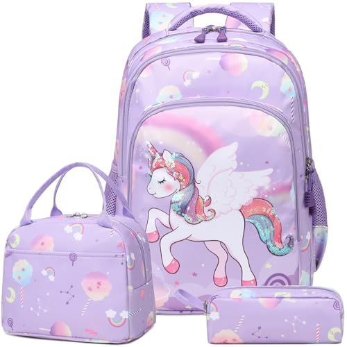 Kimwadalh Licorne Sac à Dos Fille Primaire Sacs Scolaires Cartable Licornes Enfant Sets de Cartable Filles Primaires CE1 CE2 + Isotherme Panier Repas + Trousse