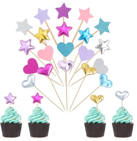 40 piezas de decoración para cupcakes de estrella, decoración de cupcakes con corazón con purpurina, púas para cupcakes de estrella brillante y mini decoración colorida para tartas, palillos de