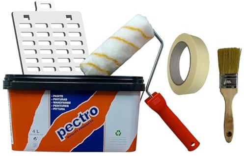 PECTRO Kit Pintura antihumedad blanca 6,6 kg (4L) - incluye rodillo, rejilla, brocha y cinta - pintura interior mate para paredes, techos, baños y zonas húmedas - fácil aplicación y alta cobertura