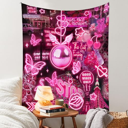 Pink Vintage Tapestry for Bedroom Blacklight Tapestry Wall Hanging UV Reactive Tapestries Glow in the Dark Black Light Posters Wall Art Collage Neon Poster Tapestries for Living Room Decor 29”x37”