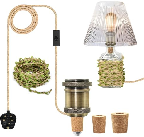 ZRLXFM E27 Ceramic Bottle Lamp Holder, Bronze Table Lamp Base with Switch and 240cm Vintage Hemp Cord, Bottle Lamp DIY Kit, Includes 5M Green Leaf Hemp Cord and 3 Size Bottle Stoppers