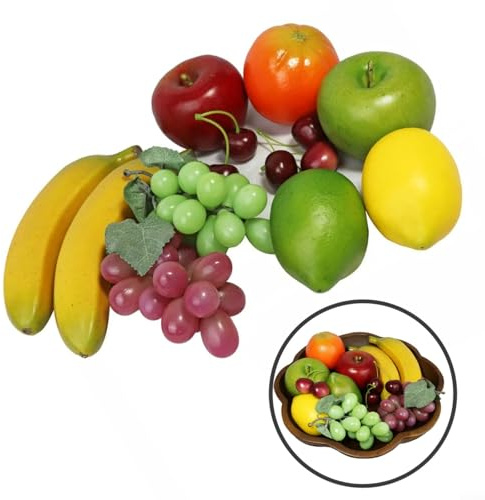 Trayne 12-pack konstgjorda frukt-set, färgglada falska frukter och grönsaker med plastskal och skumkärna för hållbar långvarig dekor