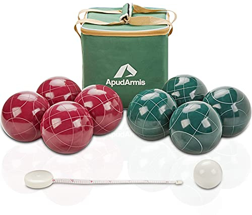 ApudArmis 107mm Bocce Balls Set, Outdoor Tournament Bocce Game for Backyard/Lawn/Beach - Set of 8 Poly-Resin Balls & 1 Pallino & Nylon Carrying Case & Measuring Rope (Red and Green)