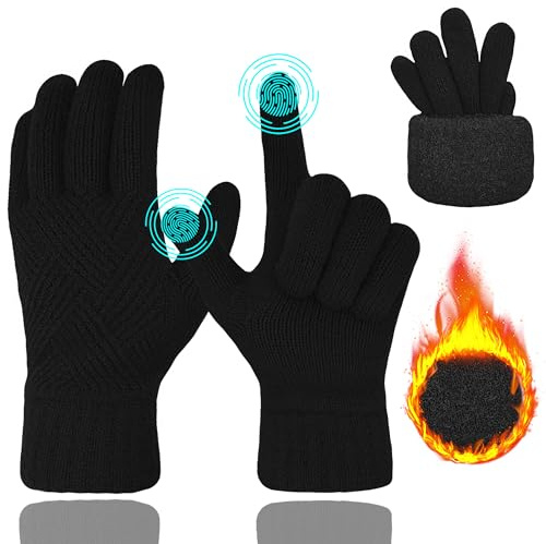 Guantes térmicos para mujer, de punto trenzado, gruesos, para pantalla táctil, guantes de invierno con forro térmico cálido, puños elásticos, suaves y resistentes al viento, Negro , Talla única