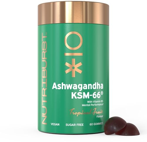 Nutriburst Ashwagandha KSM-66 • Boost Clarity • Vegan & Sugar Free Gummies | 60 tropical fruit flavour Ashwagandha vitamin gummies to boost mental clarity & reduce fatigue. With Vitamin B5 & Iodine.