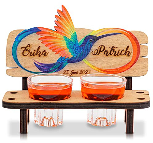Munera Design - Schnapsbank Mit Gravur Bunt - Mit 2 Schnapsgläsern - Hochzeitsgeschenk Brautpaar Personalisiert - Namen Ehepaar Hochzeitstag graviert – Geschenk Hochzeit