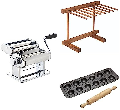 KitchenCraft World of Flavours 4pc Pasta Making Set, Pasta Machine, Drying Stand, Ravioli Mould and Rolling Pin
