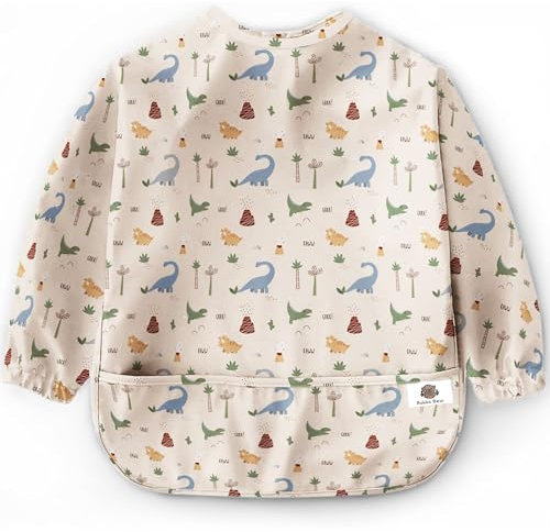 Bubba Bear Lätzchen Mit Ärmel - Abwaschbares Ganzkörper Ärmellätzchen für Baby Essen, Beikost (Beige Dinosaur)