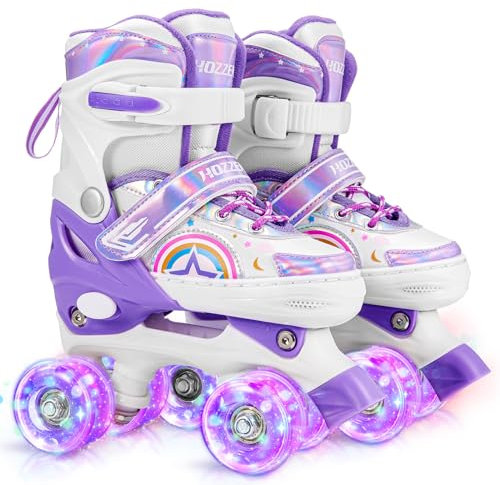 Hozzen Roller Enfant Fille Ajustable 28-31 - Roller Quad avec Roues Lumineuses et Sac de Patin a Roulette Fille, Roller Skates for Kids Ages 6-12, Cadeaux Licorne pour Filles, Violet