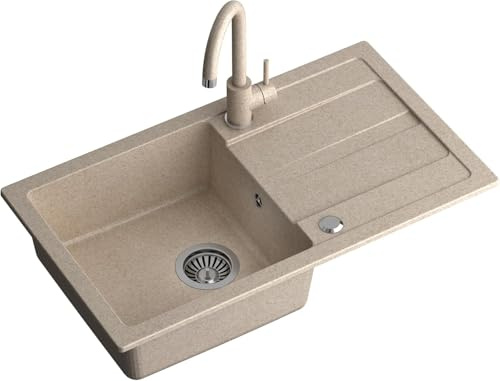 QUADRON Lavello da cucina in granito | Dimensioni 77 x 44 x 17,6 cm Beige | Lavello GO MAX in granito Lavello a vasca singola | Lavello da incasso con rubinetto da cucina