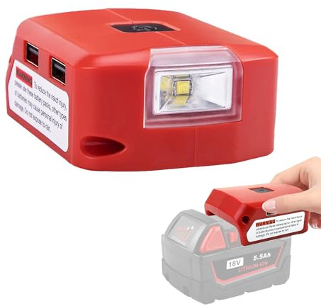 Adaptateur Batterie Rouge, 18V Lithium-ION Chargeur 8 × 6 × 3.5mm, Lampe de Travail LED avec Double Chargeur USB et Port 12 V DC, Source d'alimentation 14.4-21V, pour Milwaukee M18 (Rouge)
