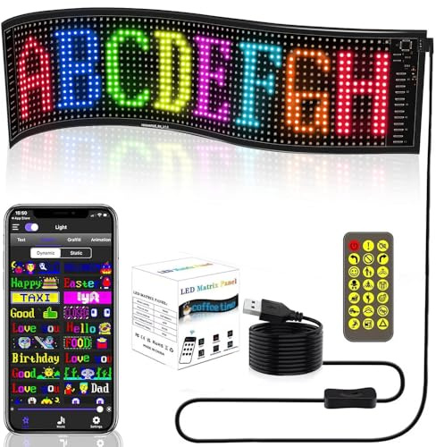 Pantalla LED Flexible Personalizable RGB 34.5x10cm, Pixel Art Digital Programable, Letrero USB, Rótulo Control Bluetooth Móvil App para Publicidad Comercio, Coche, Decoración Casa... (20x64 píxels)