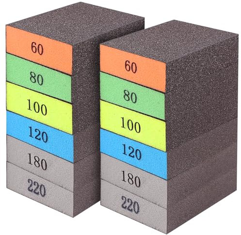 Romeda 12-Pack Sandpaper Block, Four Grits Per Pack 220/180/120/100/80/60, Washable and Reusable Handmade Sanding Sponge, Drywall Sandpaper Blocks for Wooden Drywall Sheetrock and Metal Glazing