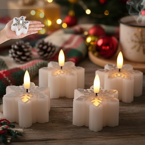 Fanna 4 White Flameless Votive Candles with Timer for Christmas Table Centerpiece, Wax Battery Operated Candles for Winter Home Decor, Silver Finish Snowflake Shaped, Batteries Included - D 7cm