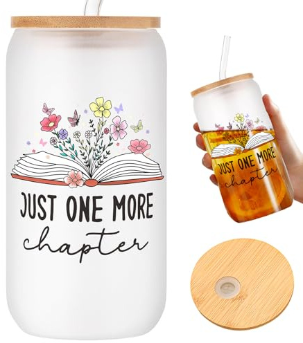 Onperpoe Book Lover Gifts, 16 oz Glass Cups with Lid and Straw, Glass Cup Gifts for Book Lovers, Reading Bookish Gift for Women Men Librarian Reader Bookworm Birthday Books Club