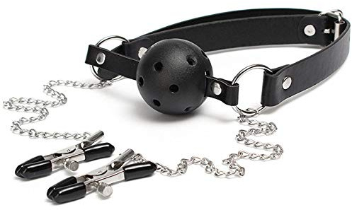 CUPIDO TOYS Bavaglio per Adulti con Pallina per Bocca (Ball Gag) e Catena con Morsetti Seno, Pinze Strizza Capezzoli, Morso per Bocca Sadomaso