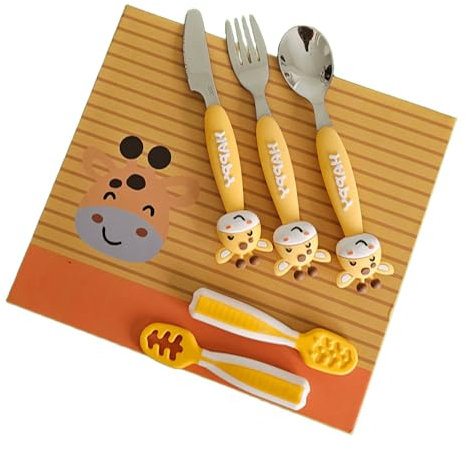 Couverts Bébé 6m+ – Cuillères Silicone Souple & Inox – Set Ergonomique Facile à Saisir – Design Girafe Ludique – Coffret Cadeau Naissance – Sans BPA