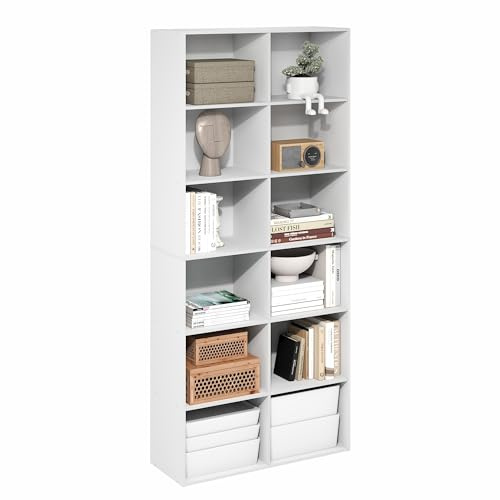 Furinno Basic Book Shelf, 12-Cube Bookshelf, Bookcase with Open Shelf, Cube Storage Organizer, 12 x 32 x 71, for Living Room, Home Office, White