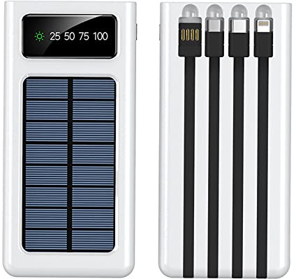 20 000 mAh solkraftbank med ficklampa utomhusresor bärbar snabbladdare externt batteri med inbyggda kablar 2 st backup-batteri med stor kapacitet med LED-skärm