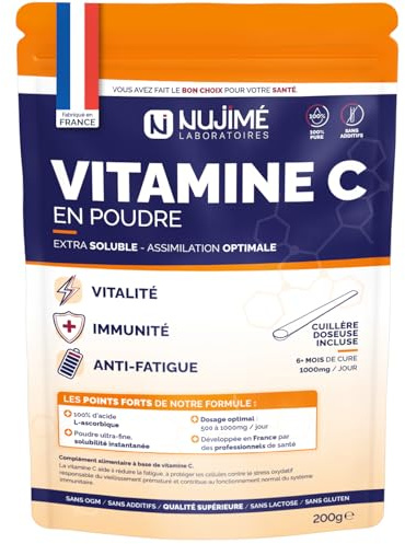 Vitamine C pure en poudre | 1 000mg par dose | Poudre ultra fine, solubilité instantanée | 100% acide L-ascorbique | Immunité, Vitalité, Anti-fatigue | Cuillère doseuse incluse (200G)