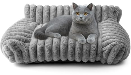 BREEZENEST Soft Plush Pet Sofa Bed for Cats & Small Dogs – Cozy Raised Cushion with Removable Cover, Non-Slip Bottom – Ideal for Indoor Lounging & Resting (Grey)
