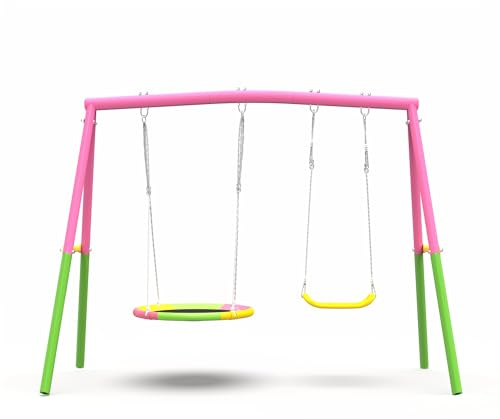 KDYMOD Swing Set for Backyard with Stand, 440lbs Swing Heavy Duty Metal Outdoor Swing Stand, Contain 1 Saucer 32 & 1 Belt seat 26.2 for Playground - Backyard Playset, Pink