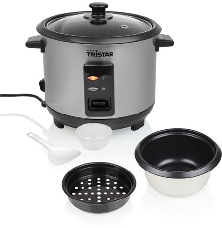 Tristar Reiskocher, 1 L Kapazität für bis zu 5 Portionen, Edelstahlgehäuse, Antihaft-Innentopf, Dampfeinsatz, Warmhaltefunktion, 400 W, RK-6144
