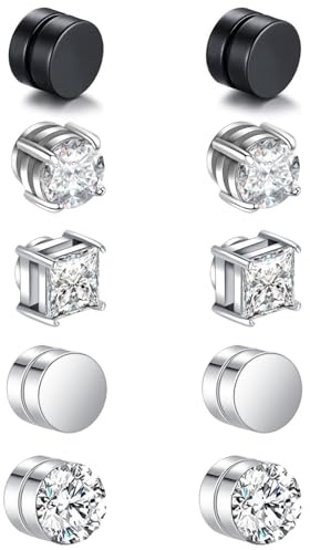 JEXOWIQ 5 Paia Di Orecchini Magnetici In Acciaio Inossidabile Con Zirconi Scintillanti Per Uomo Donna Unisex Non-Piercing
