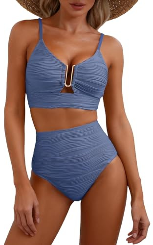 InfiniZer High Waisted Bikini Set for Women Tummy Control Swimming Costume, Adjustable Bikini Swimdress with Removable Pads, Quick-Dry 2 Piece Swimwear (UK, Alpha, M, Regular, Regular, Grey)