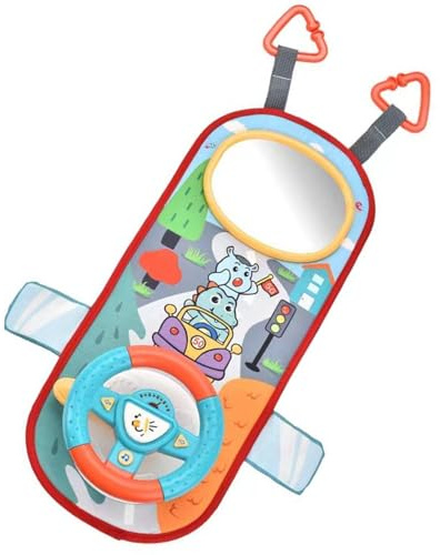 Comebachome Rear Facing Car Seat Toys, 360° Rotation Baby Steering Wheel Toy with Mirror, Music, Lights and Driving Sounds, 12 Months+ Kids Steering Wheel for Car Backseat, Green, Holiday Statues