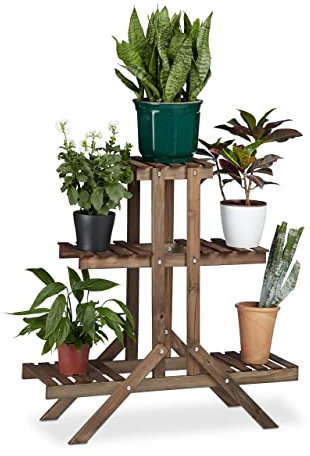 Relaxdays Blumentreppe 3 Ebenen, Aus Holz, Blumenständer für innen, Mehrstöckig, HBT: ca. 82,5 x 83 x 28,5 cm, dunkelbraun