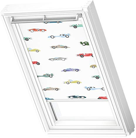 VELUX Original Dachfenster Verdunkelungsrollo für SK08, Rennautos, mit Weißer Führungsschiene