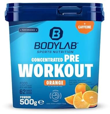 Bodylab24 Concentrated Pre Workout Orange 500g, enthält unter anderem Kreatin, Beta-Alanin, Arginin, Niacin und Koffein, bewährte All-In-One-Formel fürs Training