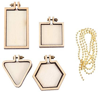 4 Stück Mini-Holzringe Stickrahmen Ovale Form Kreuzstich Ring Stickrahmen mit goldener Perlenkette für DIY Handwerk Praktisches Nähen und (Farbe: geometrisch)