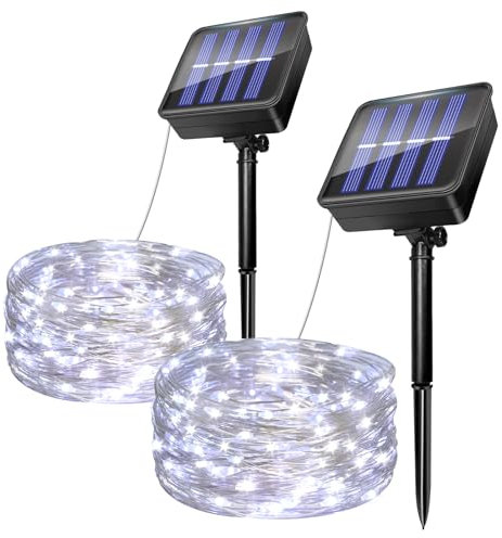 Caldarax 2 Pezzi Catena Luminosa Esterno Solare, 5M 50 LED Luci Solari Giardino, 8 Modalità IP65 Impermeabile Filo di Rame Luci Lucine da Esterno Decorative Per Patio Natale Matrimoni (Bianco Freddo)