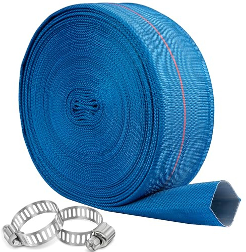 Pool Backwash Hose 3” × 65 ft Heavy Duty PVC Water Discharge Pipe Flexible Reinforced Pump Drain Hose, 3 in Diameter & 4.7 inch Width Lay Flat, with 2 Clamps (3in-65ft)
