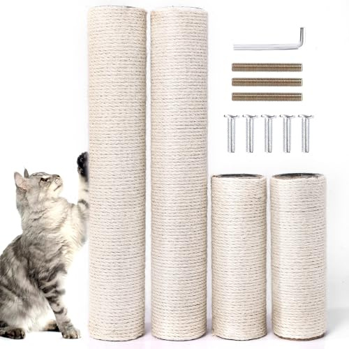 OSPNIEEK 4 PCS M8 Cat Scratching Post Replacement, 15.7“ 7.9 Natural Sisal Rope Kitten Tree Scratcher Refill with Screws, DIY Hemp Scratch Pole Parts for Indoor Cats Tower Refurbishment Accessories