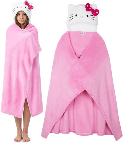 Hello Kitty Sanrio Filt med Huva Dam och Tonåring, Kuromi Cinnamoroll Mjuk Fleecefilt för Soffa och Säng, Anime Gåvor (Rosa Hello Kitty)