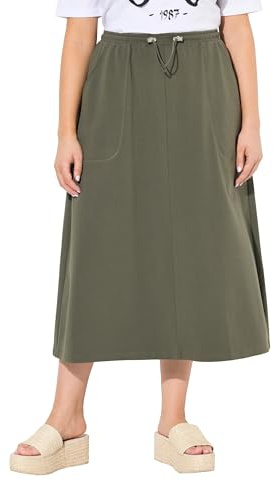 Ulla Popken Femme Grandes Tailles Jupe midi en Sweat. Taille froncée, Poches. Coupe évasée Gris Olive 50+ 825784200-50+